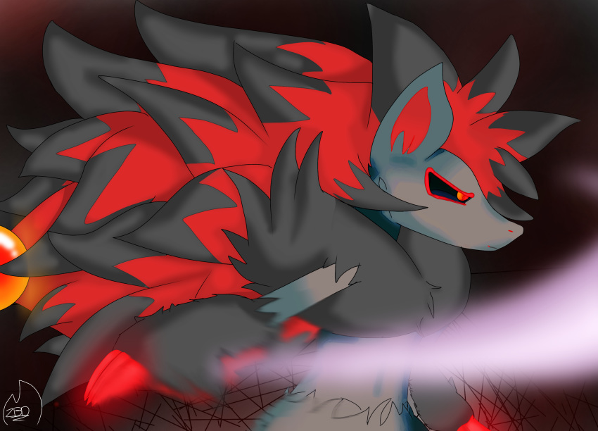 2018 absurd_res amazing ambiguous_gender black_fur canine claws digital_media_(artwork) edgy feral fluffy fox fur hair hi_res invalid_tag mammal mane nintendo pok&eacute;mon pok&eacute;mon_(species) simple_background solo video_games zoroark zoruabydefault