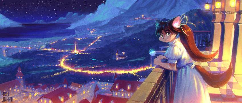 anthro aruurara balcony bridge building cheek_tuft clothed clothing cloud column dress feline female flower green_eyes holding_object inner_ear_fluff leaning looking_at_viewer mammal mountain night outside plant ponytail railing sky smile solo standing star starry_sky tile tuft