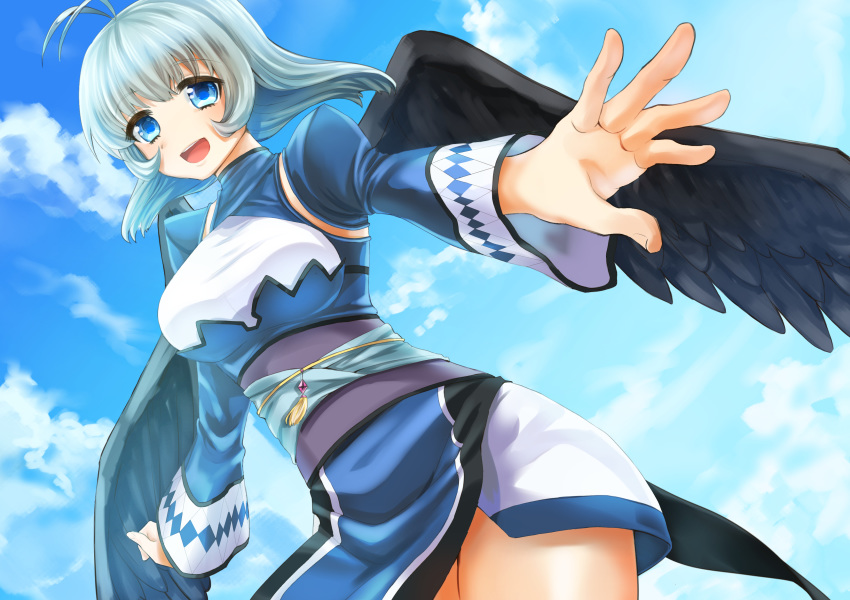 absurdres antenna_hair black_wings blue_eyes breasts commentary_request highres kamyu kora_(sinntaro) large_breasts long_sleeves looking_at_viewer short_hair silver_hair smile solo utawareru_mono utawareru_mono:_itsuwari_no_kamen wings