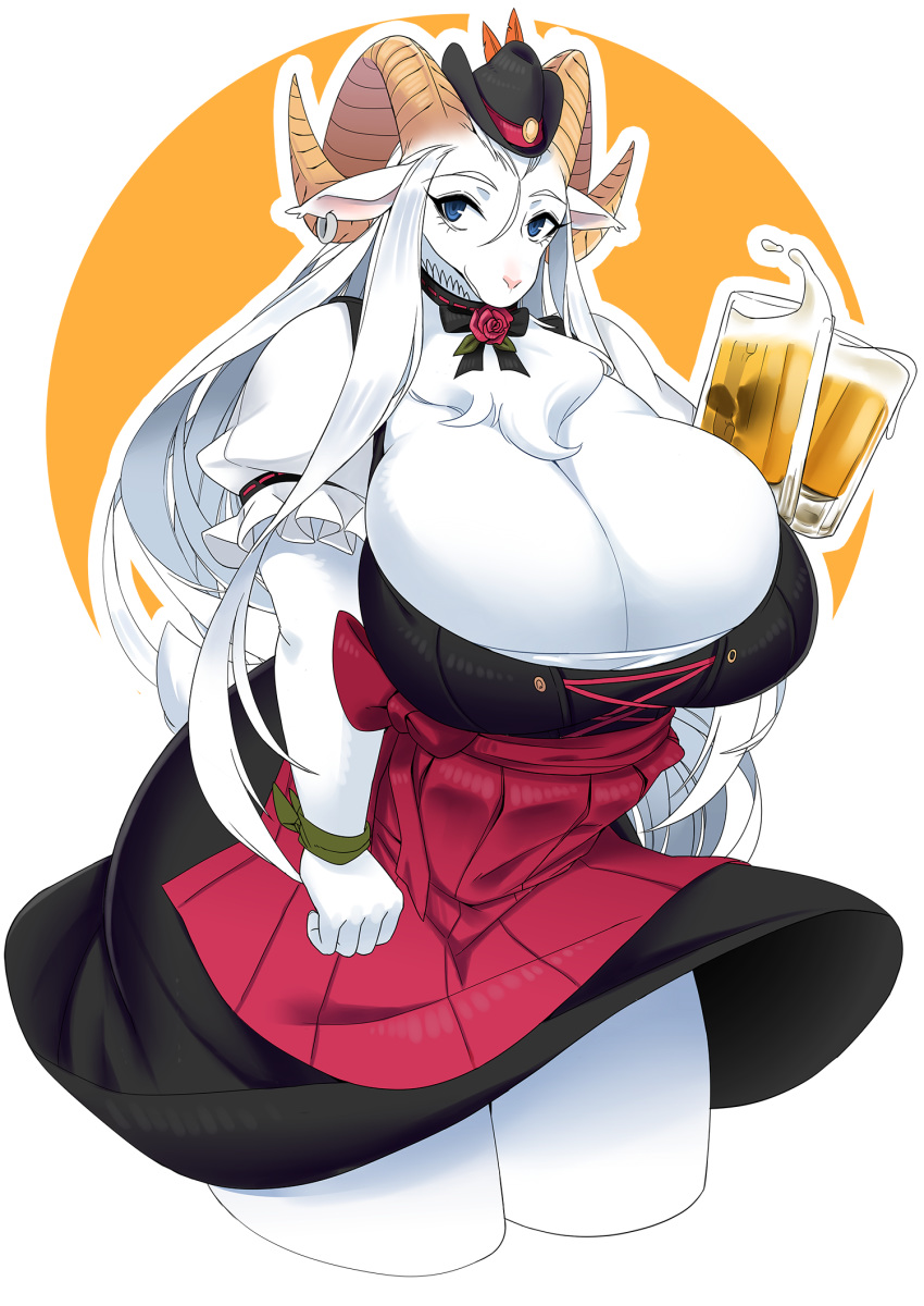 alcohol anthro beer beverage big_breasts breasts cakewasgood caprine clothing dirndl female hair hi_res horn long_hair looking_at_viewer mammal sheep solo thick_thighs voluptuous