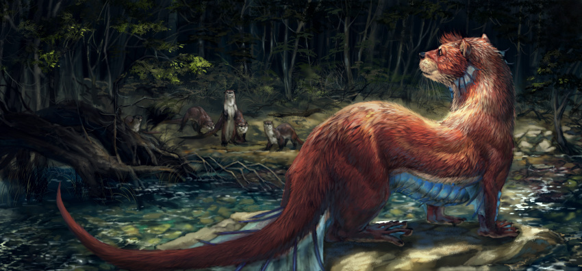 2016 ambiguous_gender antediluvia black_nose brown_eyes brown_fur creek detailed_background detailed_fur digital_media_(artwork) dragon feral forest frill fur group hi_res hybrid mammal mustelid nature ottagon otter outside tatchit tree water whiskers