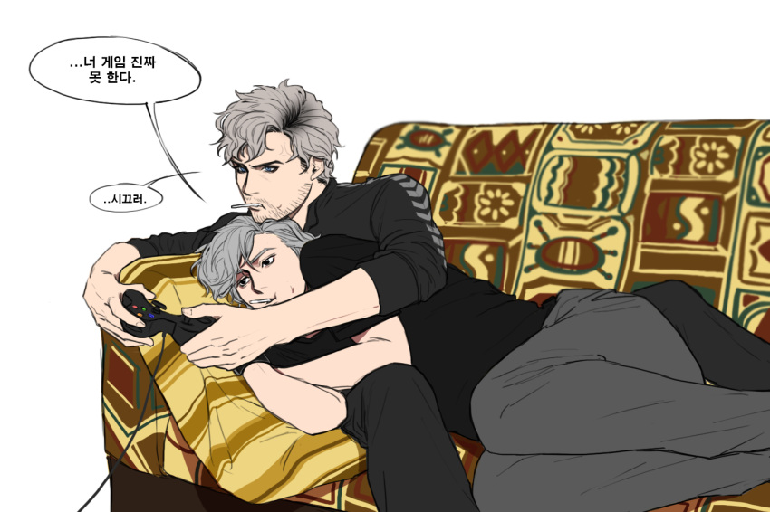 2boys avengers blonde_hair cuddling facial_hair grey_hair jacket korean_text lying male male_focus marvel multiple_boys peter_maximoff pietro_maximoff quicksilver shirt silver_hair video_games white_hair x-men