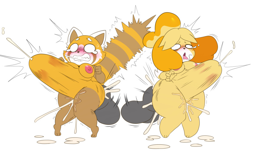 2018 abdominal_bulge aggressive_retsuko animal_crossing anthro balls big_balls big_butt big_penis big_thighs butt cum cum_from_navel cum_in_navel digital_media_(artwork) duo female hi_res huge_penis isabelle_(animal_crossing) mammal navel navel_ejaculation nintendo penis red_panda retsuko saliva sanrio sssonic2 surprise_sex thick_thighs video_games wide_hips