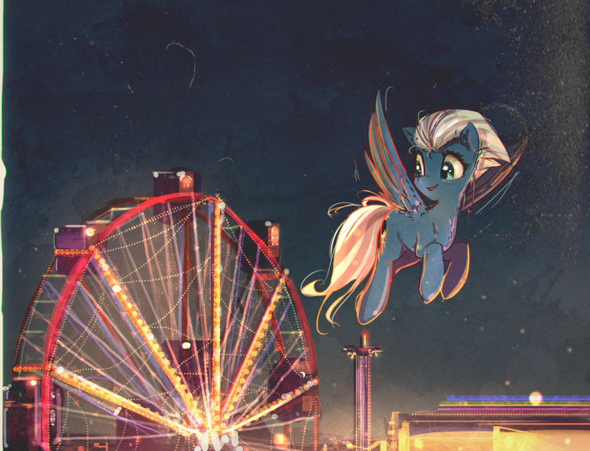 2017 equine feathered_wings feathers female feral ferris_wheel flying friendship_is_magic hair mammal mirroredsea my_little_pony night night_glider_(mlp) pegasus sky solo white_hair wings