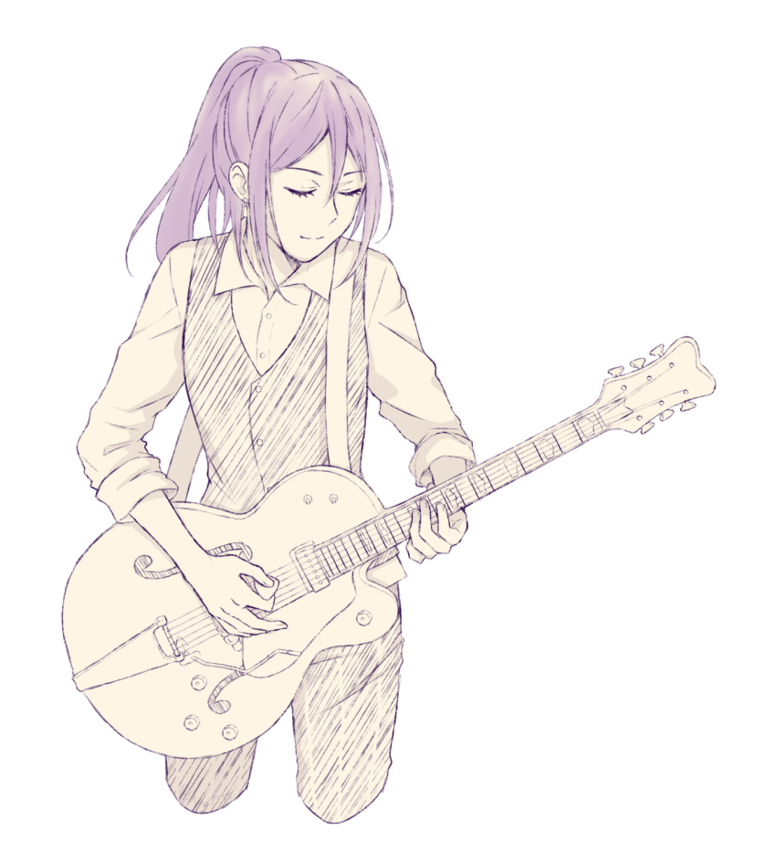 bang_dream! closed_eyes collared_shirt cropped_legs electric_guitar gretsch guitar highres holding holding_instrument instrument music muted_color pants playing_instrument plectrum ponytail purple_hair seta_kaoru shinamonneko shirt sidelocks simple_background sleeves_folded_up smile solo vest white_background