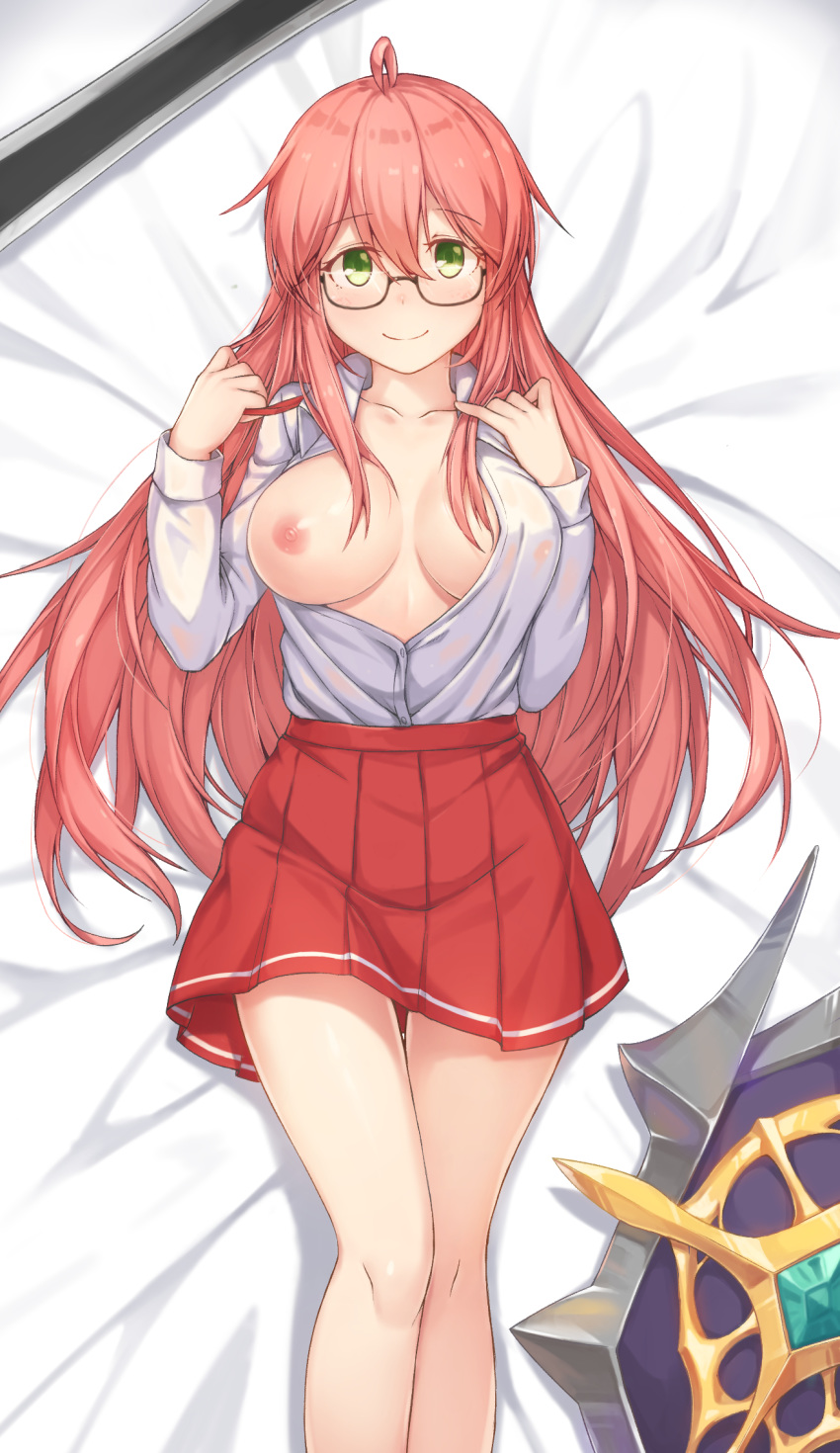 ahoge bed_sheet blush breasts collarbone dress_shirt dungeon_and_fighter eyebrows_visible_through_hair from_above glasses green_eyes hair_between_eyes hallohi highres knight_(dungeon_and_fighter) large_breasts long_hair lying miniskirt nipples on_back open_clothes open_shirt pink_hair pleated_skirt red_skirt semi-rimless_eyewear shirt skirt smile solo under-rim_eyewear very_long_hair white_shirt