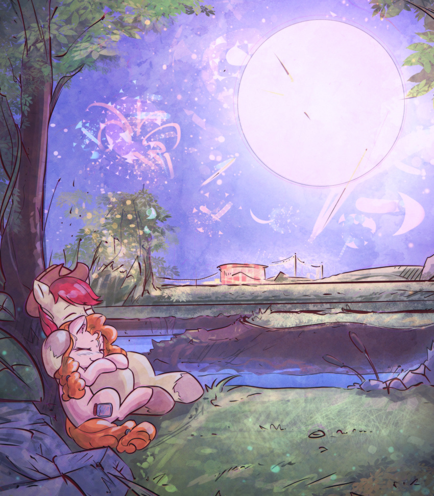 2017 bright_mac_(mlp) duo earth_pony equine female feral fireworks friendship_is_magic full_moon grass hair horse hug lying mammal mirroredsea moon my_little_pony night outside pear_butter_(mlp) pony river rock sky tree water