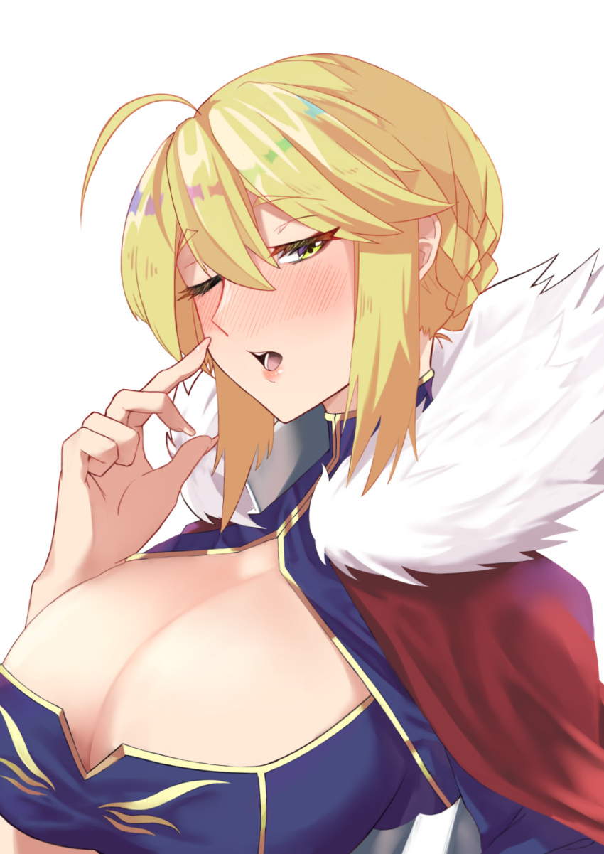 ahoge artoria_pendragon_(all) artoria_pendragon_(lancer) bangs befe blonde_hair blue_dress blush braid breasts cape cleavage dress eyebrows_visible_through_hair fate/grand_order fate_(series) french_braid fur-trimmed_cape fur_trim gold_trim gradient_hair hair_between_eyes highres large_breasts looking_at_viewer multicolored_hair nose_blush one_eye_closed open_mouth oral_invitation rainbow_gradient red_cape shrug_(clothing) sidelocks solo white_background yellow_eyes