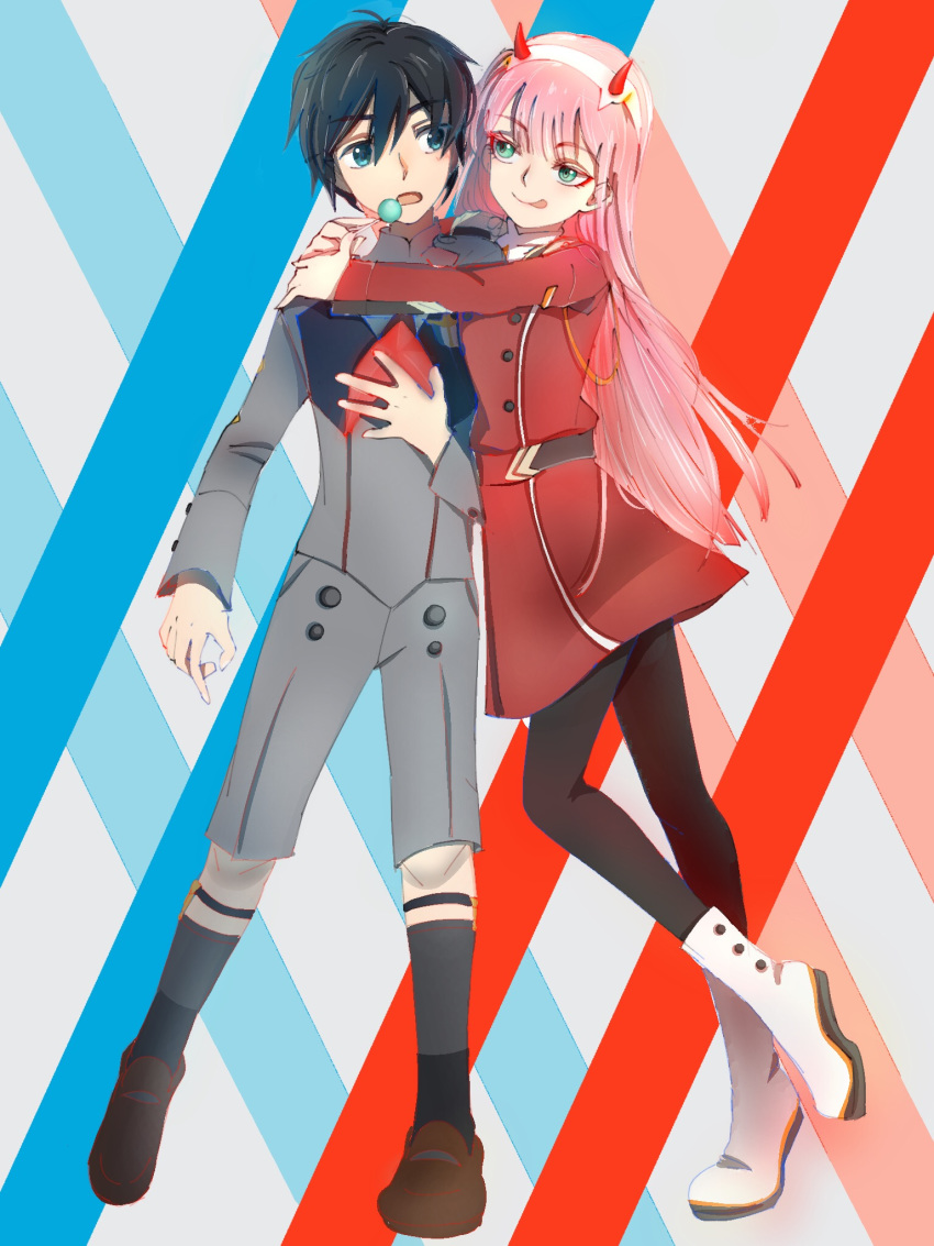 1boy 1girl angi black_hair black_legwear blue_eyes boots brown_footwear couple darling_in_the_franxx eyebrows_visible_through_hair green_eyes hair_ornament hairband hiro_(darling_in_the_franxx) holding_lollipop horns hug lipstick loking_anotuniform lollipop long_hair looking_at_another military military_uniform necktie one_leg_raised oni_horns orange_neckwear pantyhose pink_hair red_horns red_neckwear shoes short_hair socks white_footwear white_hairband zero_two_(darling_in_the_franxx)