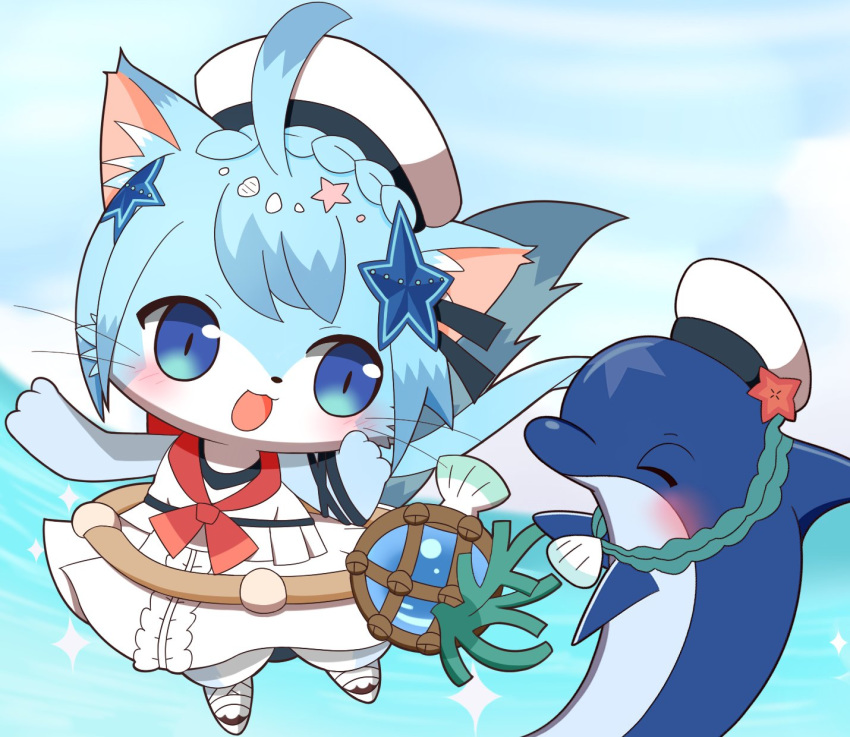 1girl artist_request blue_eyes blue_hair cat cat_busters furry open_mouth shark short_hair