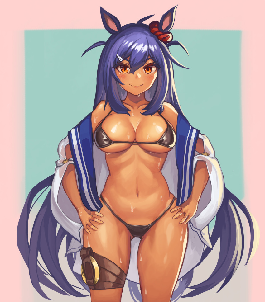 animal_ears bikini black_bikini blue_hair breasts collarbone cowboy_shot curvy eyebrows_visible_through_hair fang_out hair_between_eyes hair_ornament hairclip hands_on_hips highres hishi_amazon horse_ears horse_girl large_breasts long_hair looking_at_viewer off_shoulder orange_eyes paintale red_scrunchie scrunchie smile solo string_bikini swimsuit tan thigh_strap umamusume very_long_hair wet