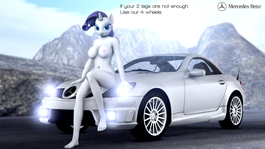 16:9 3d_(artwork) anthro anthrofied breasts car dashie116 digital_media_(artwork) equine female friendship_is_magic horn mammal mercedes-benz my_little_pony nipples nude on_hood rarity_(mlp) solo unicorn vehicle