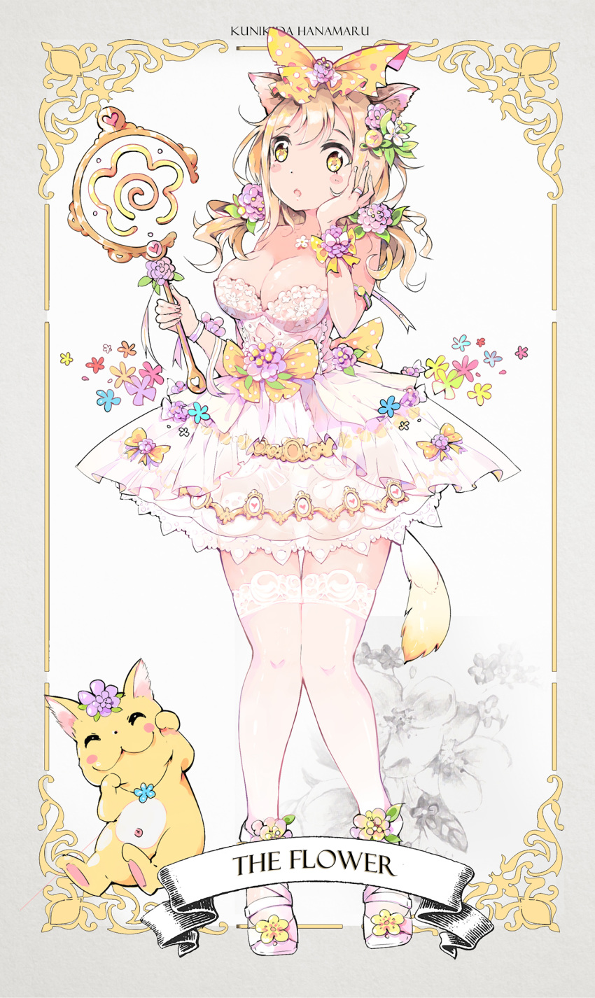 :3 :o ^_^ animal_ears back_bow bangs blush_stickers border bow breasts cardcaptor_sakura cat cat_ears cat_tail character_name cleavage closed_eyes dress english flower flower_(clow_card) flower_necklace full_body grey_border hair_bow hair_flower hair_ornament hand_on_own_cheek highres jewelry kunikida_hanamaru lace lace-trimmed_legwear lace-trimmed_thighhighs large_breasts light_brown_hair love_live! love_live!_sunshine!! maneki-neko necklace panties qianqian ribbon ring sandals sash see-through solo staff strapless strapless_dress tail thighhighs underwear white_dress white_panties wrist_bow wrist_flower wrist_ribbon yellow_bow yellow_eyes