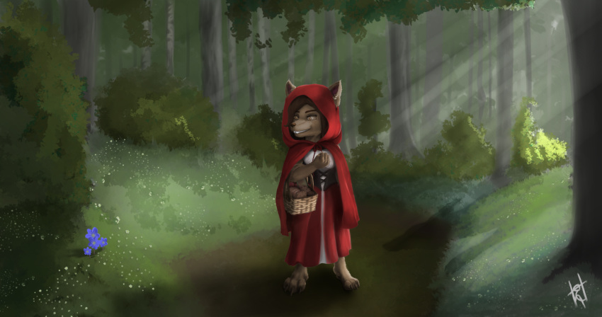 2018 anthro canine cape clothing digital_media_(artwork) enster_(artist) female female_focus food hair hi_res humanoid little_red_riding_hood little_red_riding_hood_(copyright) mammal nature piercing simple_background smile solo standing trefoils_(character) video_games warcraft were werewolf worgen