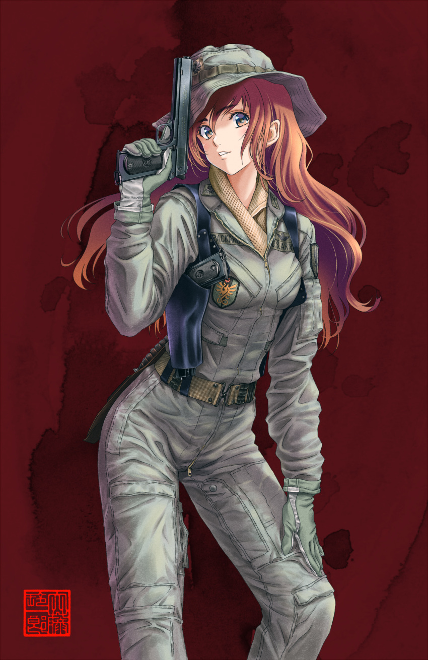 absurdres colt_1902 gloves gun handgun hat highres holding holding_gun holding_weapon holster holstered_weapon long_hair oofuji_reiichirou orange_eyes orange_hair original pistol solo trigger_discipline weapon