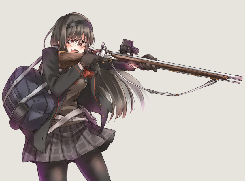 ayyh bag black_hair fang glasses gloves gun hairband highres holding holding_gun holding_weapon musket open_mouth orange_eyes original pantyhose school_bag school_uniform simple_background solo trigger_discipline weapon