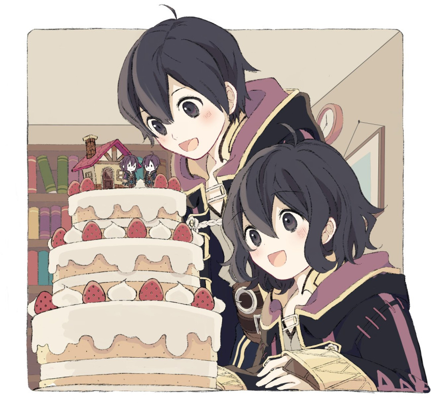 1girl ahoge black_hair blush cake commentary dual_persona fire_emblem fire_emblem:_kakusei fire_emblem_heroes food gloves happy_birthday highres hood hooded_jacket jacket long_hair mark_(female)_(fire_emblem) mark_(fire_emblem) mark_(male)_(fire_emblem) moriya_(sorairo717) open_mouth short_hair smile