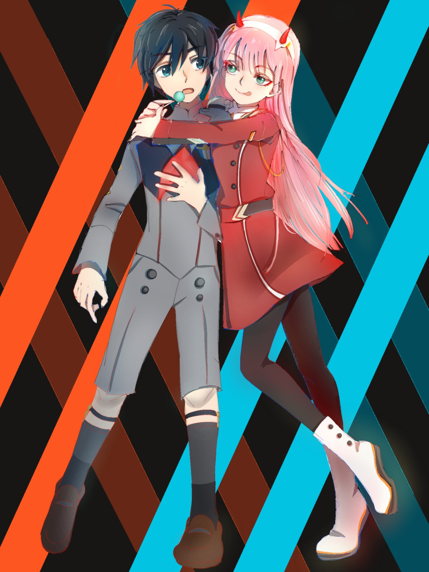 1boy 1girl angi black_hair black_legwear blue_eyes boots brown_footwear couple darling_in_the_franxx eyebrows_visible_through_hair green_eyes hair_ornament hairband hiro_(darling_in_the_franxx) holding_lollipop horns hug lipstick loking_anotuniform lollipop long_hair looking_at_another military military_uniform necktie one_leg_raised oni_horns orange_neckwear pantyhose pink_hair red_horns red_neckwear shoes short_hair socks white_footwear white_hairband zero_two_(darling_in_the_franxx)