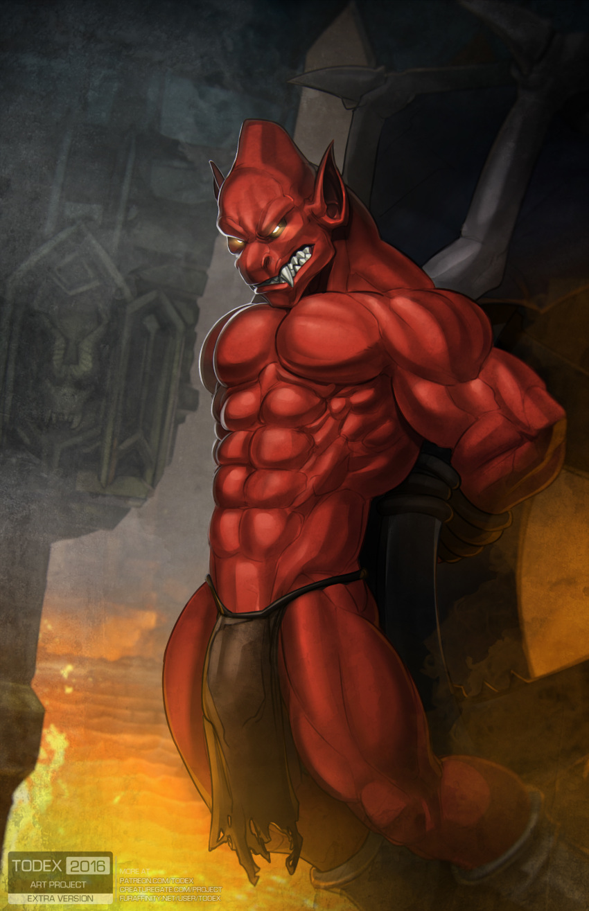2016 angry bound bulge capcom clothing demon demon's_crest fangs firebrand gargoyle glowing glowing_eyes hands_tied loincloth male membranous_wings mostly_nude muscular pointy_ears red_skin shackles sharp_teeth solo teeth todex video_games wings