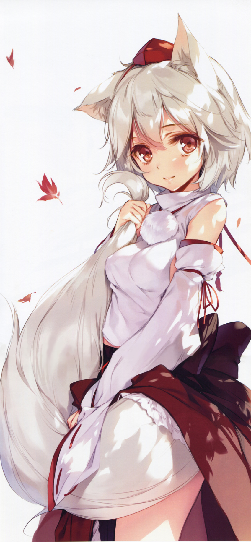 absurdres animal_ears blush detached_sleeves hat highres holding_own_tail hug inubashiri_momiji japanese_clothes ke-ta leaf long_sleeves looking_at_viewer maple_leaf pom_pom_(clothes) red_eyes sample scan shirt short_hair silver_hair skirt smile solo stitched string tail tail_hug third-party_edit tokin_hat touhou turtleneck wide_sleeves wolf_ears wolf_girl wolf_tail