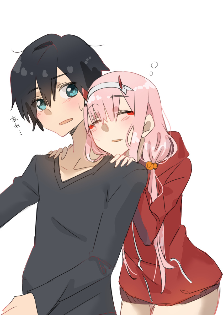 1girl absurdres bangs black_hair blue_eyes blush closed_eyes commentary_request couple darling_in_the_franxx eyebrows_visible_through_hair grey_shirt hair_ornament hairband hands_on_another's_shoulders highres hiro_(darling_in_the_franxx) hood hooded_jacket horns jacket long_hair long_sleeves looking_back nakoya_(nane_cat) oni_horns pink_hair red_horns red_jacket shirt white_hairband zero_two_(darling_in_the_franxx)