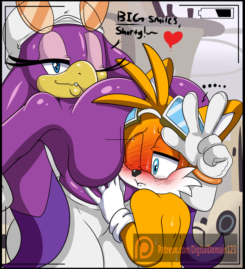&lt;3 age_difference avian big_breasts bird blush breasts canine clothed clothing digitaldomain123 female fox male male/female mammal miles_prower one_eye_closed sonic_(series) sonic_riders text topless wave_the_swallow wink young