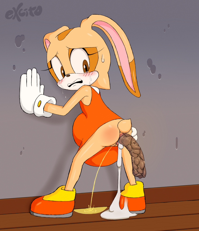 alternate_version_at_source anthro anus bent_over blush butt clothing cream_the_rabbit cum cum_in_ass cum_inside dress excito eyelashes eyes_closed feces female footwear gloves lagomorph mammal peeing pooping presenting pussy rabbit scat shoes solo sonic_(series) spread_anus spreading standing sweat tears urine