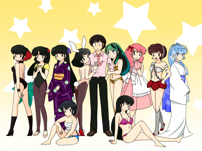 80s animal_ears benten bikini bunny_ears bunnysuit commentary_request fujinami_ryuunosuke harem highres japanese_clothes kimono kurama_(urusei_yatsura) leotard lum lum10 mendou_ryouko miyake_shinobu mizunokouji_asuka moroboshi_ataru multiple_girls oldschool oyuki_(urusei_yatsura) ran_(urusei_yatsura) sakura_(urusei_yatsura) sarashi swimsuit urusei_yatsura