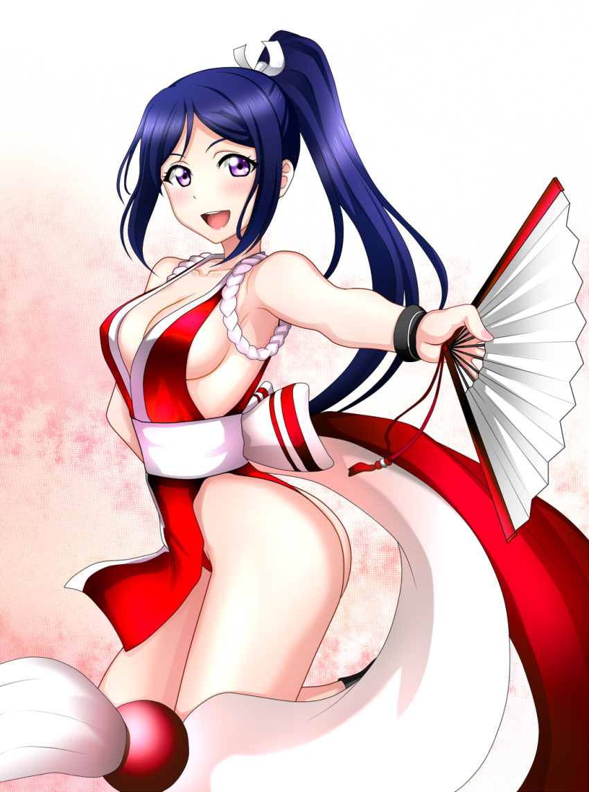 ass blue_hair breasts commentary_request cosplay fan fatal_fury highres kenken long_hair love_live! love_live!_sunshine!! matsuura_kanan pelvic_curtain ponytail purple_hair shiranui_mai shiranui_mai_(cosplay) the_king_of_fighters thighs