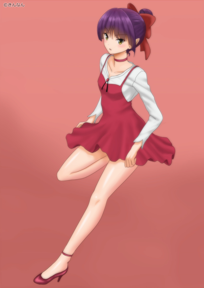 bow brown_eyes collarbone dress eyebrows_visible_through_hair full_body gegege_no_kitarou hair_bow highres kinnan leg_up looking_at_viewer nekomusume nekomusume_(gegege_no_kitarou_6) parted_lips pinafore_dress pink_background pumps purple_hair red_bow red_dress red_footwear shirt short_dress short_hair simple_background sleeveless sleeveless_dress solo standing standing_on_one_leg tied_hair white_shirt