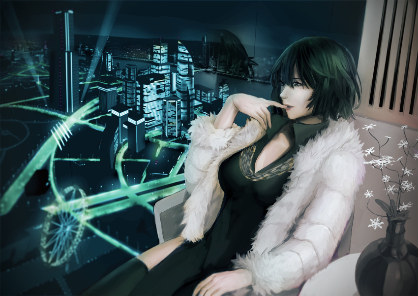 arm_rest bangs breasts building city city_lights cleavage collar_up dress ferris_wheel finger_to_mouth fubuki_(one-punch_man) fur_coat green_dress green_eyes green_hair green_legwear hair_between_eyes highres horizon indoors jewelry long_sleeves looking_afar medium_breasts mintbreak necklace night night_sky one-punch_man parted_lips plant potted_plant reflection river short_hair side_slit sitting sky skyscraper solo thighhighs thighs tower wavy_hair window