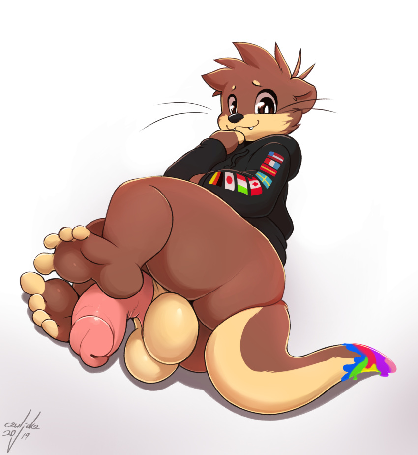 2019 4_toes anthro big_penis black_nose bottomless brown_eyes brown_fur butt cewljoke clothed clothing cute_fangs feet fur hoodie humanoid_penis kawa male mammal mustelid otter paint partially_clothed penis simple_background solo toes whiskers white_background