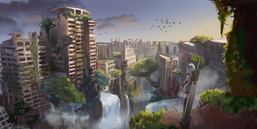 bird black_gloves boots building cityscape cloud crossed_arms gan-viking gloves high_heel_boots high_heels highres long_hair nier_(series) nier_automata ruins silver_hair sky solo standing sword water waterfall weapon yorha_type_a_no._2