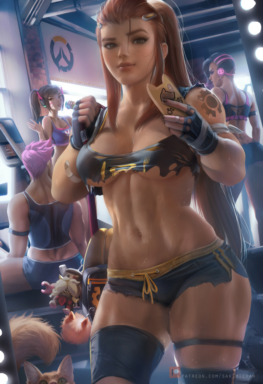 4girls abs absurdres breasts brigitte_(overwatch) cat d.va_(overwatch) female freckles gym highres hips lips looking_at_viewer medium_breasts midriff muscular_female overwatch phone ponytail sakimichan self_shot short_shorts shorts smile sombra_(overwatch) sports_bra sportswear stomach sweat tank_top thick_thighs thighs toned torn_clothes underboob wide_hips zarya_(overwatch)