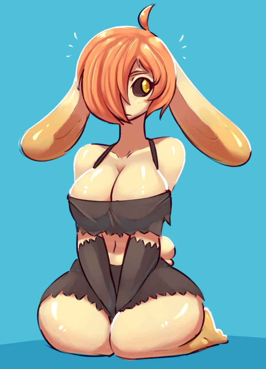 big_breasts black_sclera breasts brianne_(spikedmauler) cleavage clothed clothing female fusion kneeling lagomorph mammal pascalia_(dyno) solo spikedmauler tagme yellow_eyes