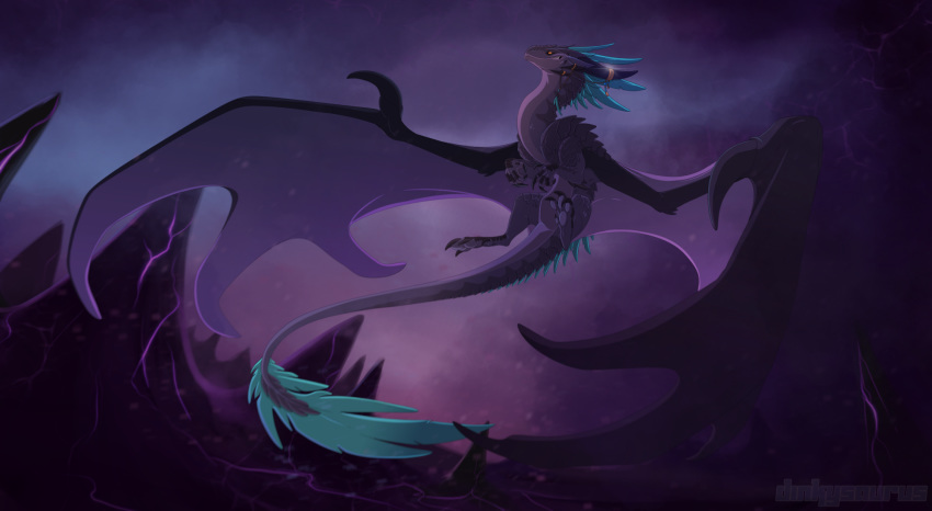 amber_eyes claws digital_media_(artwork) dnk-anais dragon fangs feathers feral flying nil purple_scales scales scalie sky solo spread_wings western_dragon wings