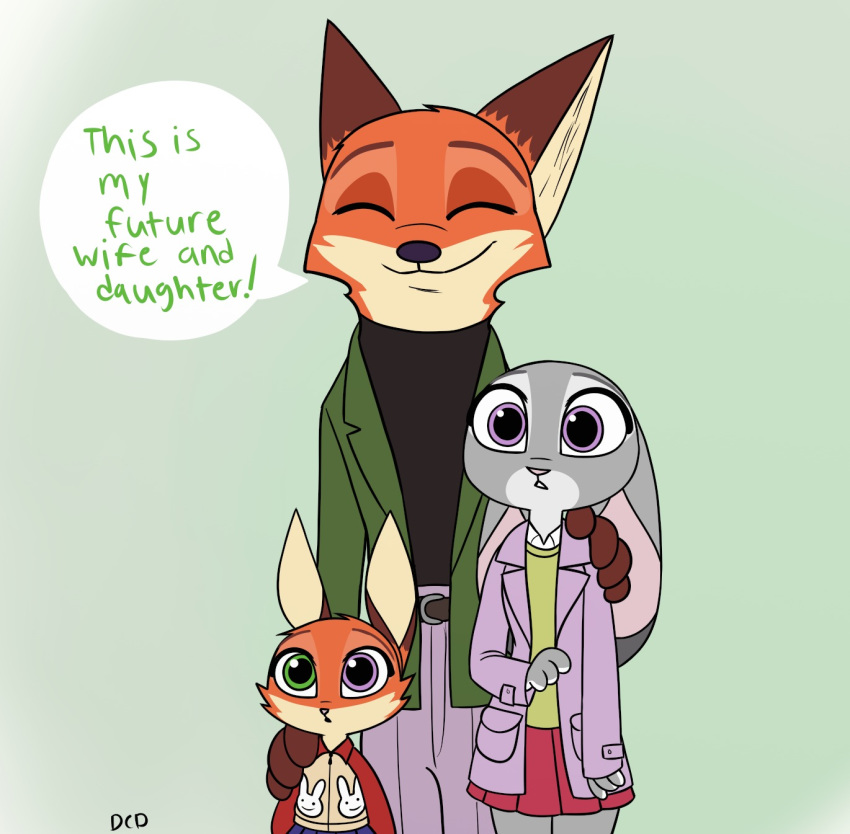 2017 anthro canine clothed clothing dialogue dipstick_ears disney duo eyes_closed female fox fur green_eyes group hand_on_shoulder heterochromia hi_res hybrid jacket judy_hopps lagomorph male mammal nick_wilde open_mouth pants parent purple_eyes rabbit short simple_background size_difference skeletonguys-and-ragdolls skirt smile violet_(zootopia) young zootopia