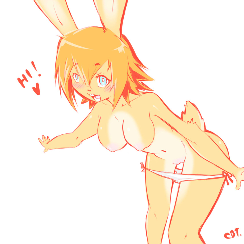 &lt;3 2013 anthro bent_over blonde_hair blue_eyes breasts brown_fur clothed clothing cold-blooded-twilight female fur hair hi_res lagomorph looking_at_viewer mammal navel panties panties_down pussy rabbit simple_background solo text topless underwear white_background