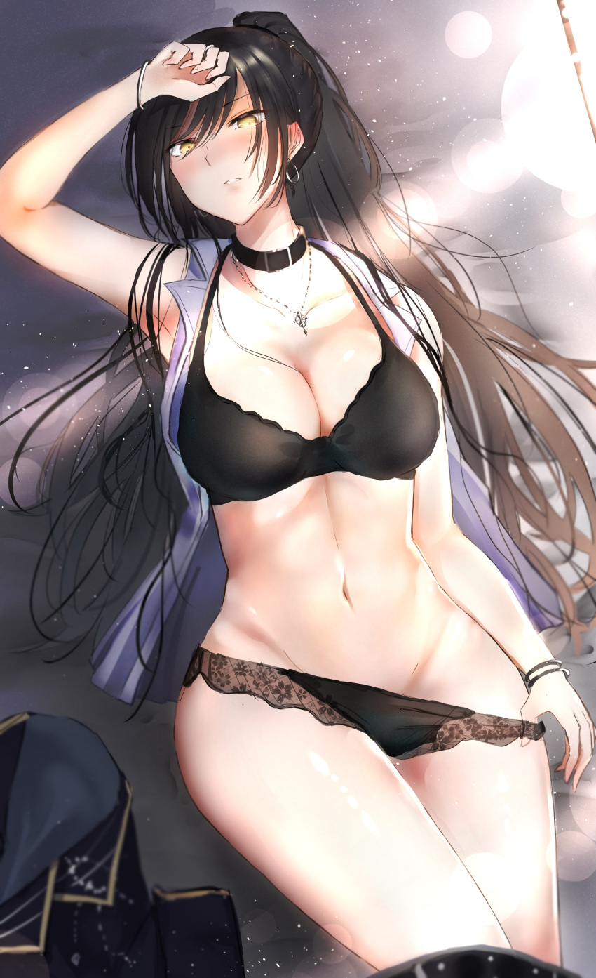 absurdres black_bra black_choker black_hair black_panties blue_shirt blush bra bracelet breasts choker cleavage collarbone commentary_request dog_tags earrings highres idolmaster idolmaster_shiny_colors jewelry lace lace_panties long_hair looking_at_viewer lying medium_breasts navel on_back open_clothes open_shirt orange_eyes panties panty_pull parted_lips pnatsu ponytail shirase_sakuya shirt solo underwear very_long_hair wide_hips