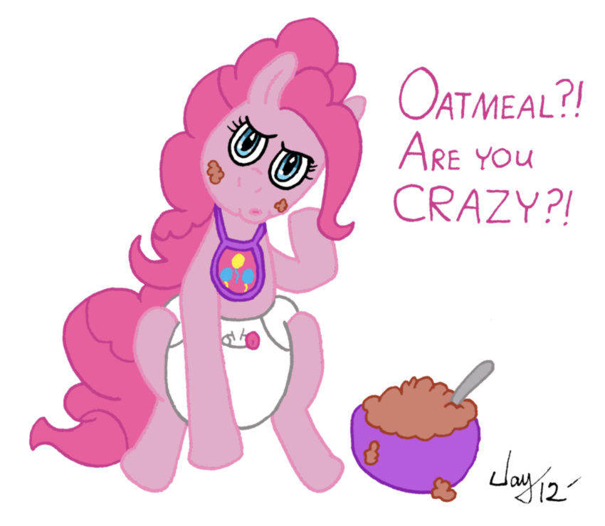 2012 bib blue_eyes cute dialogue diaper earth_pony english_text equine female feral friendship_is_magic hair horse jaymanney4life mammal my_little_pony oatmeal pink_hair pinkie_pie_(mlp) pony signature solo text