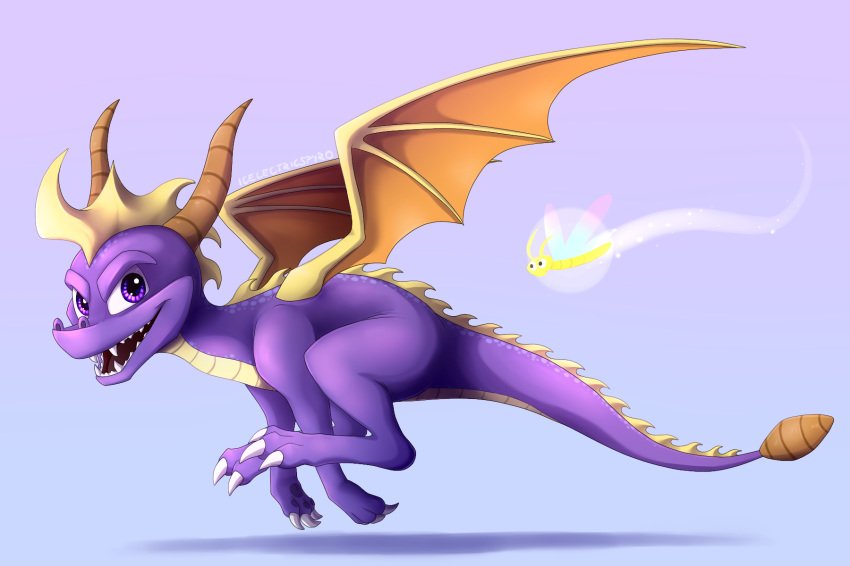 2018 digital_media_(artwork) dragon duo feral firefly horn icelectricspyro looking_at_viewer male membranous_wings purple_eyes purple_scales scales scalie simple_background smile sparx spines spyro spyro_the_dragon video_games western_dragon wings