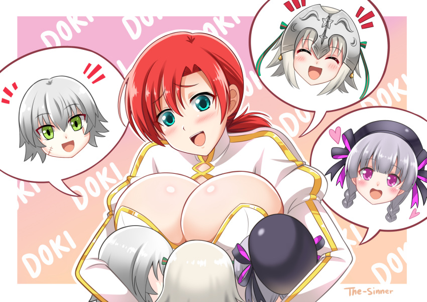 :d ^_^ ^o^ ahoge black_hat blue_eyes blush boudica_(fate/grand_order) bow breasts bursting_breasts cleavage closed_eyes collarbone commentary eyebrows_visible_through_hair facial_scar fate/apocrypha fate/extra fate/grand_order fate_(series) green_eyes group_hug hat headpiece heart hug huge_breasts jack_the_ripper_(fate/apocrypha) jeanne_d'arc_(fate)_(all) jeanne_d'arc_alter_santa_lily long_hair long_sleeves multiple_girls nursery_rhyme_(fate/extra) open_mouth ponytail red_eyes red_hair scar scar_across_eye scar_on_cheek short_hair short_ponytail silver_hair smile striped striped_bow the-sinner upper_body yellow_eyes younger