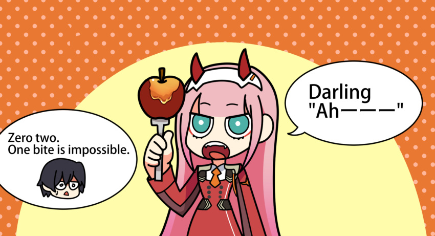 1girl apple commentary_request darling_in_the_franxx eyebrows_visible_through_hair fork fringe green_eyes hair_ornament hairband hiro_(darling_in_the_franxx) holding_fork horns long_hair military military_uniform necktie oni_horns orange_neckwear pink_hair red_horns solo speech_bubble uniform user_cvct8874 white_hairband zero_two_(darling_in_the_franxx)
