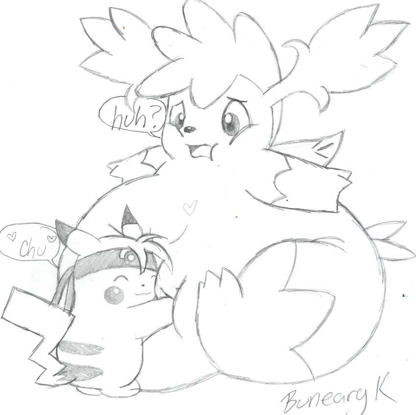 &lt;3 ambiguous_gender bunearyk confusion dialogue duo eyes_closed headband hug legendary_pok&eacute;mon mammal monochrome nintendo overweight pikachu pok&eacute;mon pok&eacute;mon_(species) rodent shaymin shaymin_(sky_form) sketch slightly_chubby smile text video_games