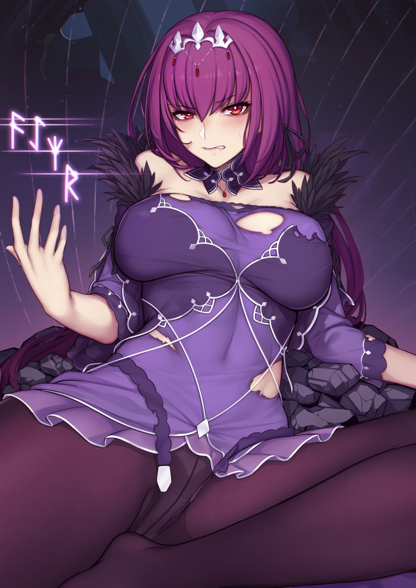 bangs blush breasts circlet clenched_teeth commentary_request covered_navel crotch_seam dress evan_yang eyebrows_visible_through_hair fate/grand_order fate_(series) hair_between_eyes hand_up highres large_breasts long_hair looking_at_viewer pantyhose purple_dress purple_hair purple_legwear red_eyes runes scathach_(fate)_(all) scathach_skadi_(fate/grand_order) short_dress sitting solo teeth thighband_pantyhose thighs