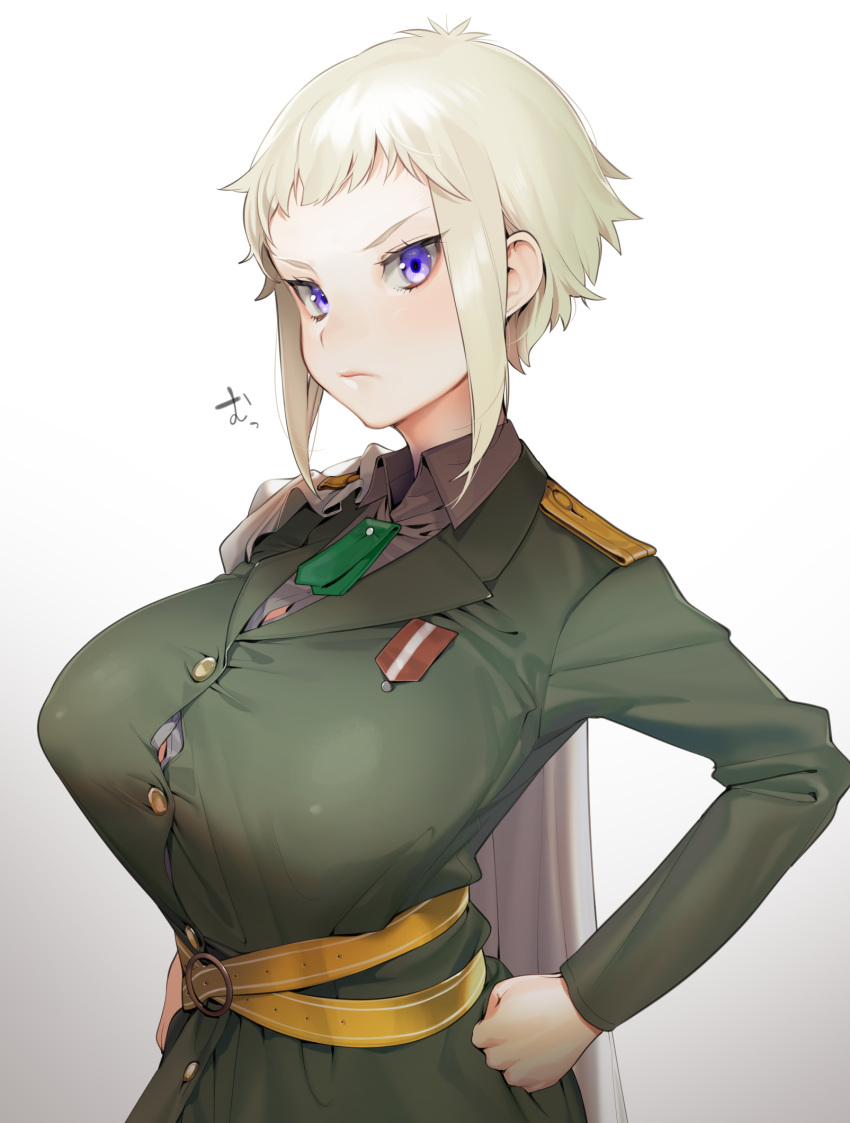 bad_id bad_pixiv_id belt blush breasts cape closed_mouth collared_shirt gradient gradient_background green_jacket grey_background grey_shirt hand_on_hip highres huge_breasts jacket looking_at_viewer marchen_madchen maria_rasputin military military_uniform ohisashiburi purple_eyes shirt short_hair sidelocks silver_hair solo uniform upper_body white_background wing_collar
