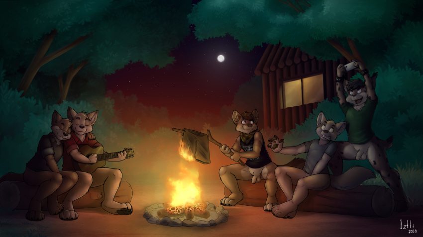 anthro bottomless bryce_(lonewolfhowling) burning_pants campfire canine casual_nudity clothed clothing covering covering_self feline flaccid foreskin forest guitar holding_object holding_phone humanoid_penis iztli lynx male mammal moon musical_instrument outside pawpads penis phone romantic_couple shorts sitting sky spencer_(lonewolfhowling) star teeth tree uncut