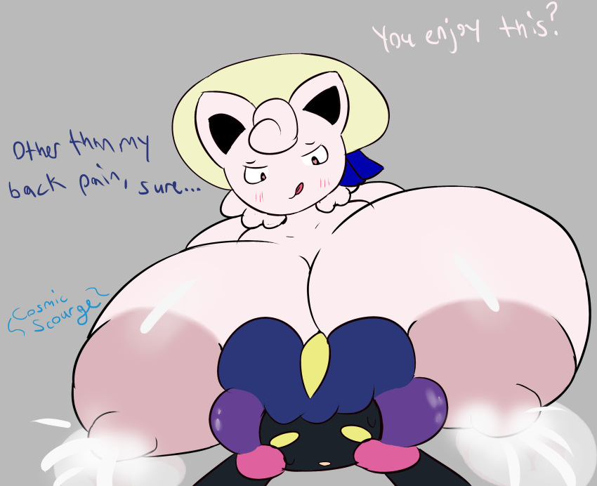 2018 anthro areola big_areola big_breasts blush breast_expansion breast_rest breasts butt cosmicscourge cosmog english_text female huge_breasts hyper hyper_breasts jigglypuff lactating legendary_pok&eacute;mon licking licking_lips male male/female nintendo nipples not_furry nude oof ori_(cosmicscourge) pok&eacute;mon pok&eacute;mon_(species) sunhat text tiddypuff tongue tongue_out video_games