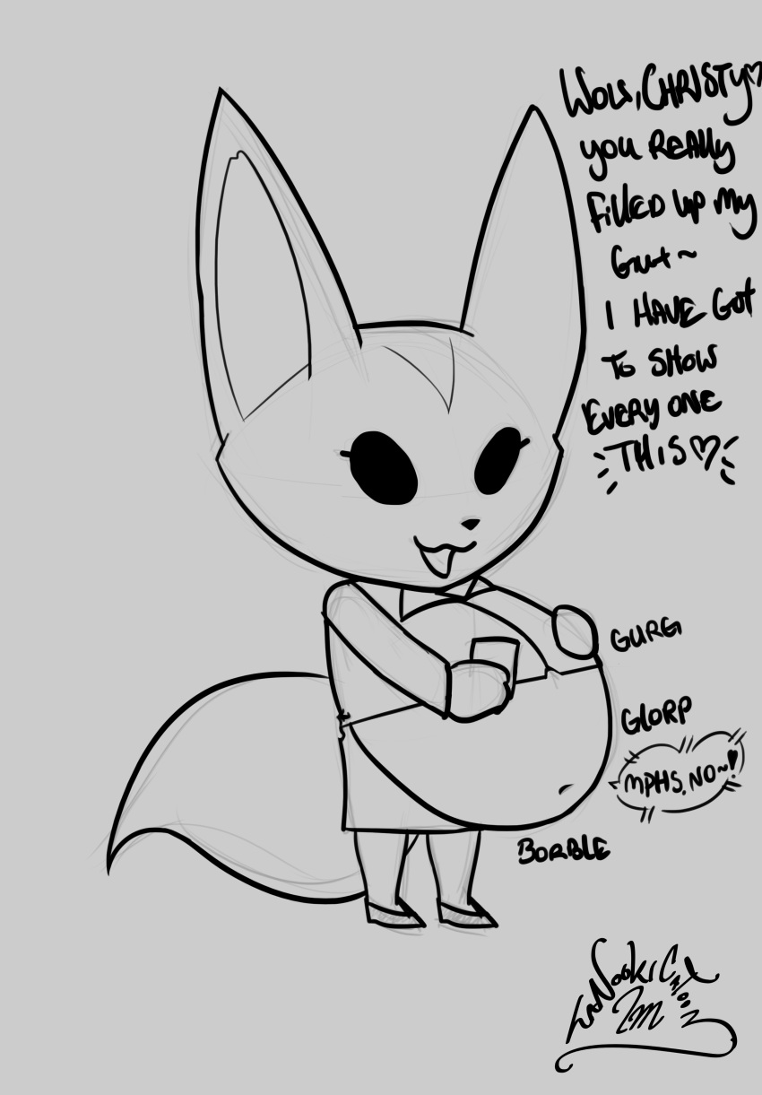 &lt;3 aggressive_retsuko anthro belly big_belly clothed clothing deep_navel dialogue english_text eyelashes female fenneko footwear fur grey_background hand_on_stomach holding_object midriff monochrome navel onomatopoeia overweight owo sanrio signature simple_background soft_vore solo sound_effects stomach stomach_noise stomach_noises tanookicatoon text vest vore watermark