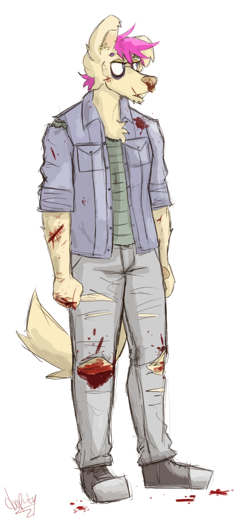 anthro black_eye black_shoes blood blue_eyes blue_jacket bnlie_pants canine clothed clothing cut_(disambiguation) doopcity facial_piercing fully_clothed green_shirt hair jeans mammal nose_piercing nose_ring pants piercing pink_hair simple_background white_background wounded